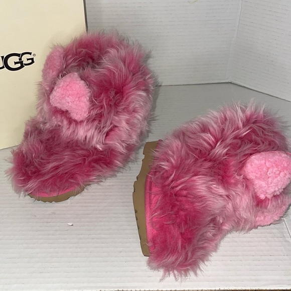 UGG Kids Pinkipuff Classic II Pink Azalea Fur Boots with Ears - Girls Size:7 - Picture 3 of 14